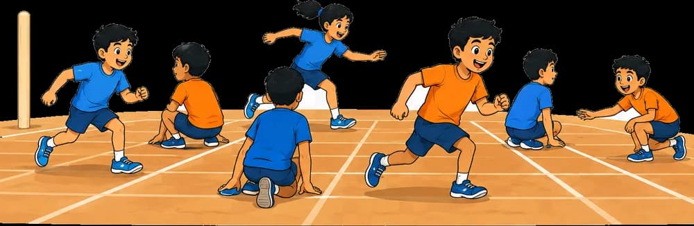 Children playing Kho-Kho on a dirt court
