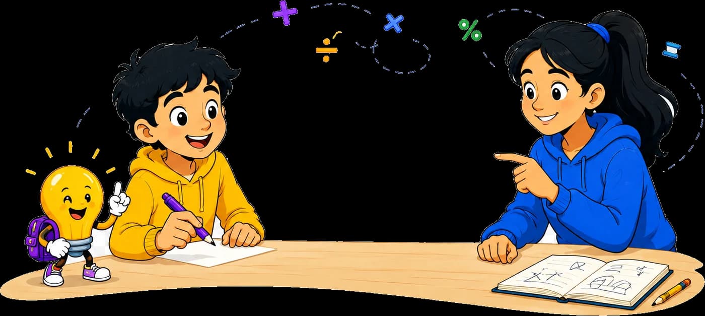 Two children solving a maths question together with the Trickly lightbulb mascot